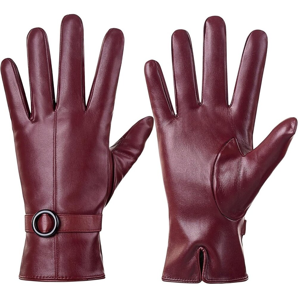 Women's Red Winter Leather Gloves Touchscreen Texting Warm Driving Gloves